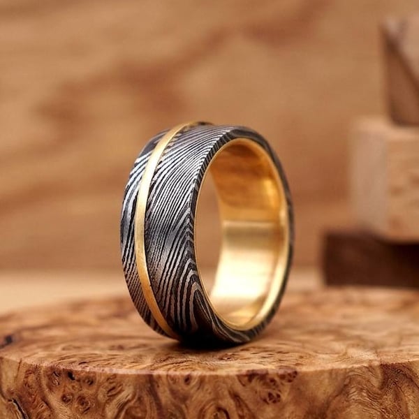 Handmade Damascus Steel Ring with Hammered Brass Inlay | Men's Wedding Band | Damascus Wedding Ring | Rustic Anniversary Gift for Him