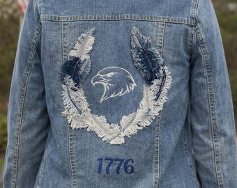 Custom Denim Jacket American Heritage Collection  Bald Eagle Shabby Chic — Size Medium