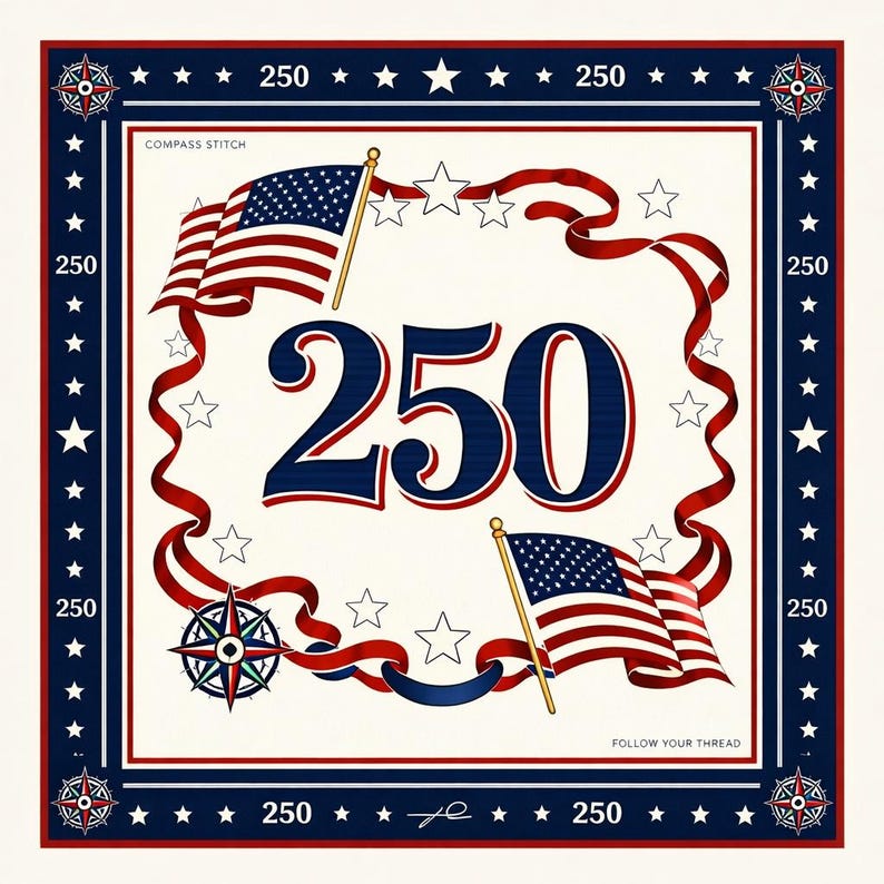 May include: Square design with a cream background, a navy blue border, and the number "250" in navy blue. The design includes American flags, red ribbons, white stars, and the text "COMPASS STITCH" and "FOLLOW YOUR THREAD".