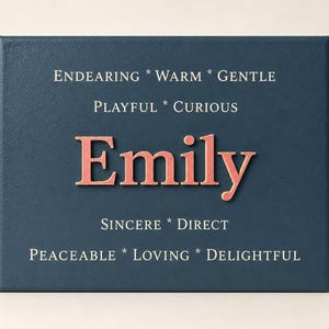 Tela personalizzata con nome, lettere in acrilico in rilievo con dettagli incisi al laser, decorazione per mensole della cameretta, regalo per baby shower — Collezione Emily, The Kindred