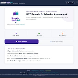May include: A digital interface for Behavior Study Lab featuring RBT Domain B: Behavior Assessment flashcards. The screen displays 13 total cards, progress tracking, a Study All Cards button, and instructions on how to use the digital flashcard system.