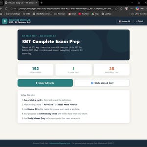 May include: A digital interface for RBT Complete Exam Prep by Behavior Study Lab. The screen displays 152 total cards, 3 marked as known, and 28 needing practice. Buttons include Study All Cards and Study Missed Only, with instructions on how to use.