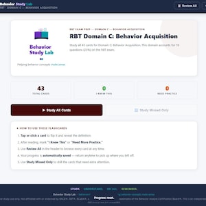 May include: A digital interface for Behavior Study Lab showing RBT Domain C: Behavior Acquisition. The screen displays 43 total cards, a Study All Cards button, and instructions on how to use the flashcards for exam preparation.