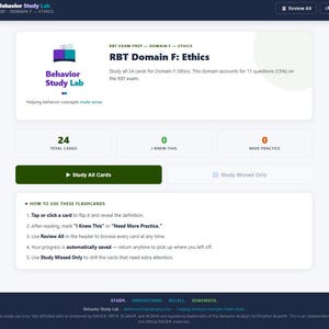 May include: A digital interface for Behavior Study Lab RBT Exam Prep Domain F Ethics. The screen displays 24 total cards, a green Study All Cards button, and instructions on how to use the flashcards, including tapping to flip and marking progress.