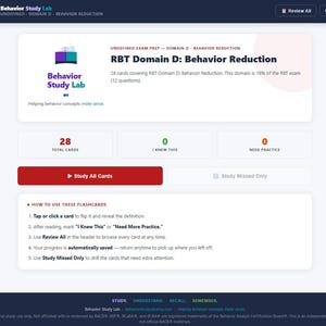 May include: A digital interface for Behavior Study Lab featuring RBT Domain D: Behavior Reduction flashcards. The screen displays 28 total cards, a Study All Cards button, and instructions on how to use the flashcards for exam preparation.