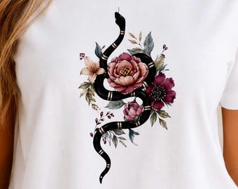Black Snake Floral T-Shirt, Gothic Botanical Watercolor Graphic Tee