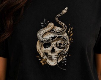 Gothic Snake Skull T-Shirt, Dark Academia Botanical Tee, Witchy Streetwear Shirt