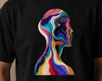 Abstract Psychedelic Face T-Shirt, Colorful Artistic Graphic Tee