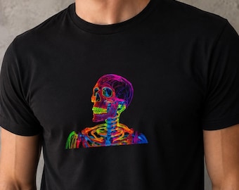 Neon Skull Psychedelic Skeleton T-Shirt, Gothic Streetwear Tee