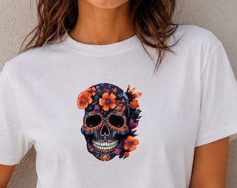 Floral Sugar Skull T-Shirt, Gothic Boho Graphic Tee, Day of the Dead Shirt,