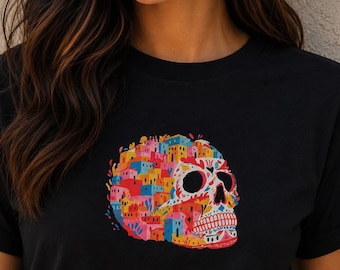 Colorful Sugar Skull T-Shirt, Day of the Dead Graphic Tee, Artistic Skull Shirt