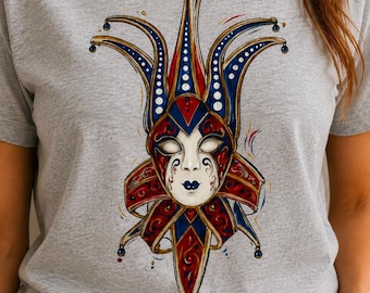 Venetian Jester Mask T-Shirt, Carnival Mask Graphic Tee, Gothic Harlequin Shirt