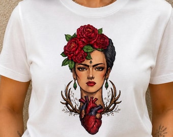 Frida Inspired Graphic T-Shirt, Anatomical Heart Shirt, Floral Boho Art Tee, Gothic Feminine Unisex