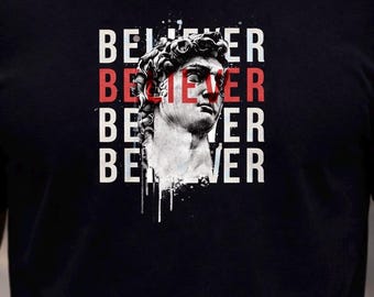 Believer Graphic T-Shirt – Black Unisex Tee with Classical David Statue Art | Minimal Streetwear Design