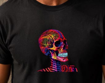 Neon Skull Graphic Tee, Cyberpunk Skeleton Streetwear Shirt
