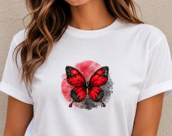 Red Watercolor Butterfly Graphic Tee, Boho Cottagecore Unisex Shirt