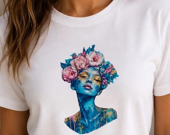 Blue Goddess Floral Art T-Shirt, Boho Woman Graphic Tee, Abstract Face Shirt