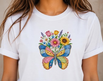 Butterfly Floral Shirt, Watercolor Boho T-Shirt, Cottagecore Wildflower Tee