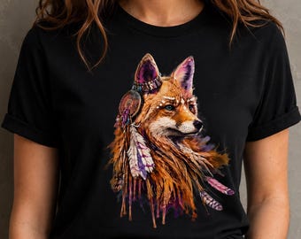 Boho Watercolor Fox T-Shirt, Tribal Feather Woodland Animal Tee