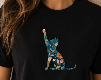 Floral Cat T-Shirt, Botanical Art, Cottagecore Cat Lover Gift, Unisex Tee
