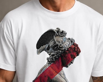 Greek Statue Graphic T-Shirt, Dark Red Art Tee, Gothic Sculpture Streetwear Shirt