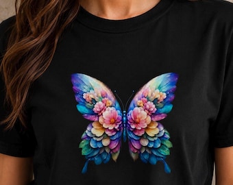 Floral Butterfly T-Shirt, Botanical Watercolor Wings, Nature Graphic Tee