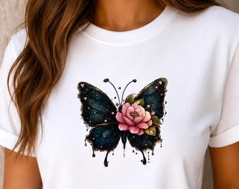 Black Butterfly Peony Floral T-Shirt, Gothic Dark Academia Tee
