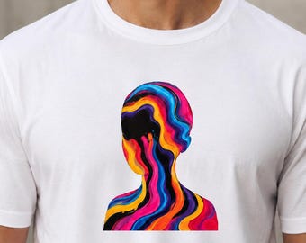 Colorful Abstract Face T-Shirt, Modern Psychedelic Art Tee