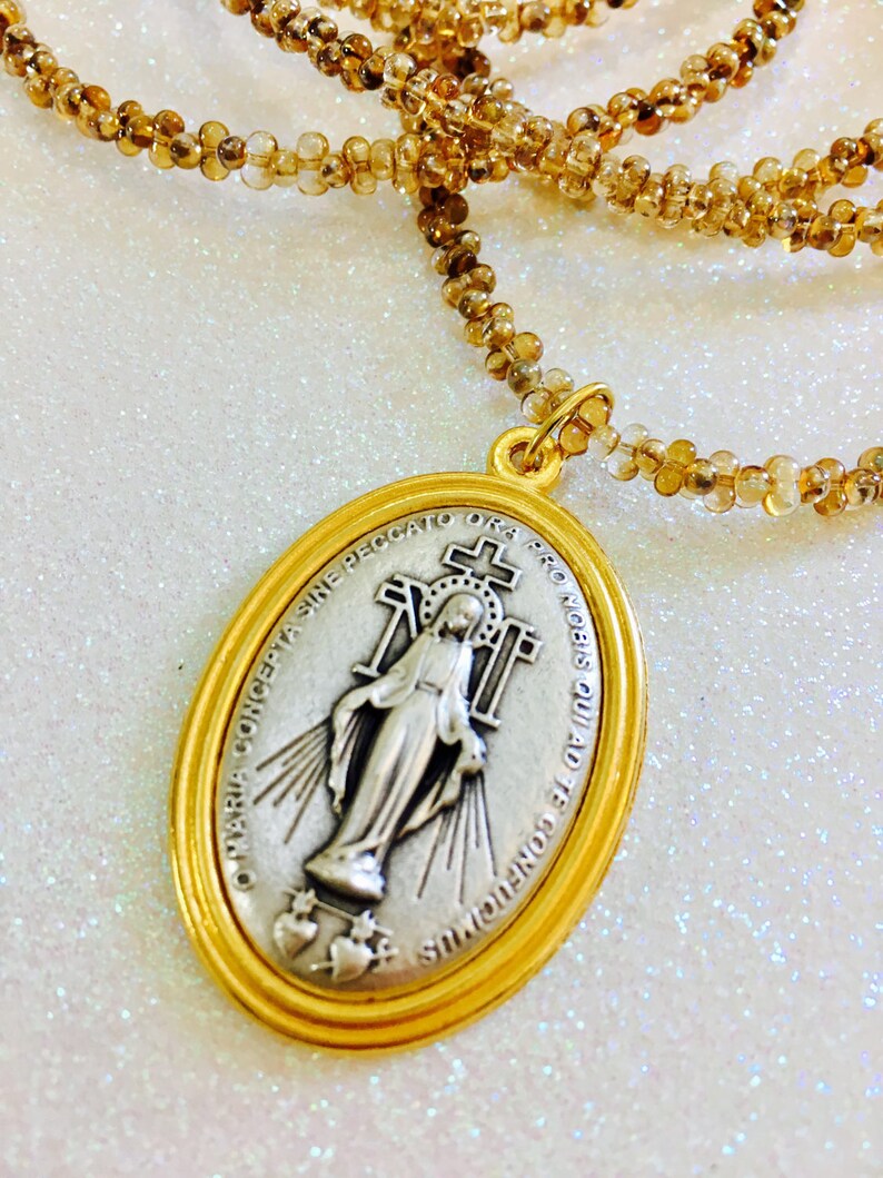 Miraculous Medal Necklace Golden luster Crystal Rope image 4