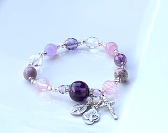 Pink and Purple Crystal Rosary Bracelet - Catholic Gift