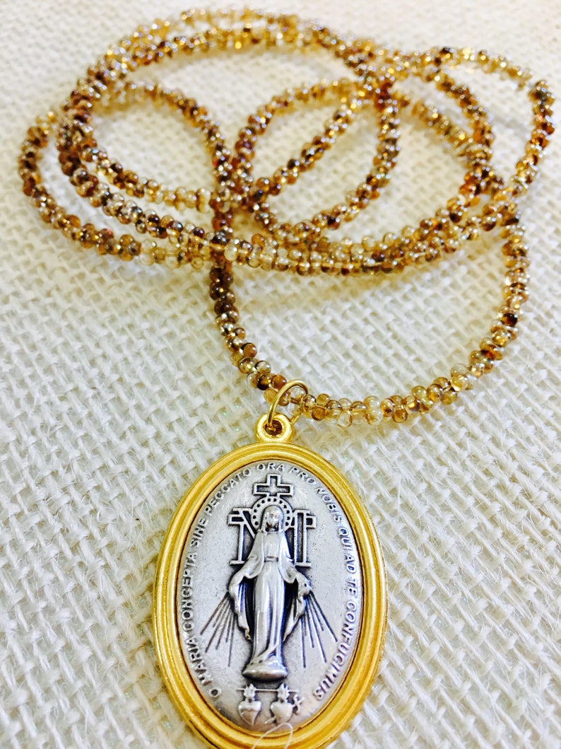 Miraculous Medal Necklace Golden luster Crystal Rope image 1