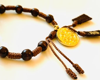 St Benedict Medal adjustable women brown bracelet