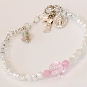 First Communion Bracelet:  Sterling Silver and Fresh Water Pearl Chalice cross - Small Pearl Bracelet - Catholic Bracelet - Miraculous Medal