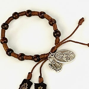 Padre Pío Capuchin Brown wood  Adjustable Men&#39;s Rosary Bracelet