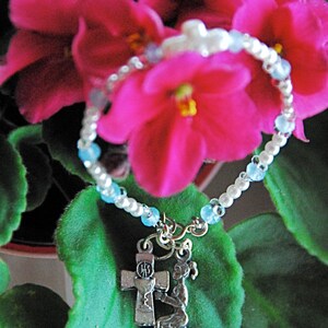 First Communion Blue Quartz Girl Praying Medal and Chalice Cross Rosary Bracelet