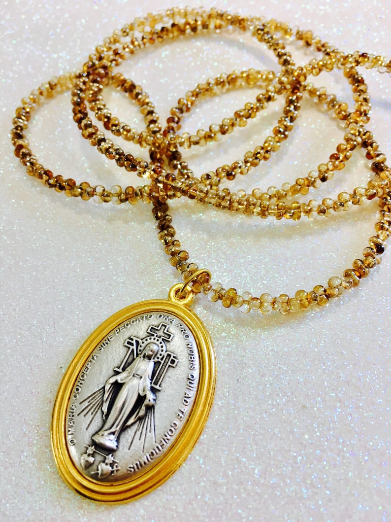 Miraculous Medal Necklace Golden luster Crystal Rope image 2