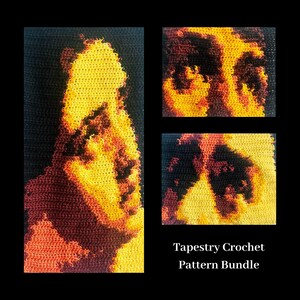 May include: A tapestry crochet pattern bundle featuring three crochet images. The main image is a profile portrait in shades of yellow, orange, and brown against a black background. The other two images are close-ups of the portrait. The text reads "Tapestry Crochet Pattern Bundle."
