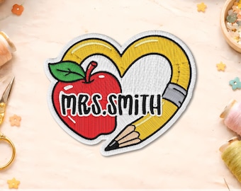 Custom Teacher Name Patch, Personalized Apple Pencil Heart Patch, Teacher Appreciation Embroidered Iron On Patch, Back to School Gift