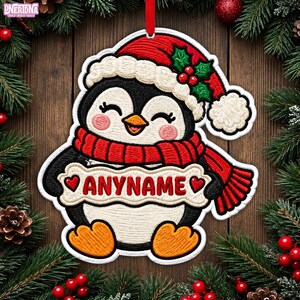 Personalized Christmas Penguin Embroidered Ornament, Custom Cute Name Gift, Festive Winter Tree Decor, Adorable Holiday ORNAMENTS PATCHES