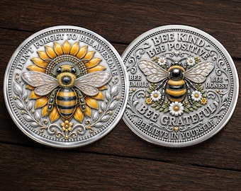 Pièce défi genre abeille, pièce de monnaie en métal de collection abeille tournesol, cadeau positivité inspirant, souvenir d'appréciation de jeton pour amateur d'abeilles