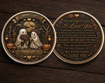 Custom Cute Ghost Couple Coin, Personalized Names, Gothic Anniversary Gift, Spooky Season Keepsake, Romantic Halloween Couple Coin Chip Gift