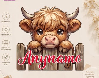 Custom Highland Cow Name Sticker, Personalized Cute Cow Decal, Farm Animal Lover Gift, Western Ranch Waterproof Sticker for Bottle Laptop
