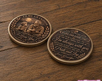 To My Grandson Coin, Fishing Grandpa Gift, Inspirational Love Message, Personalized Grandson Encouragement Coin Appreciation Keepsake Gift