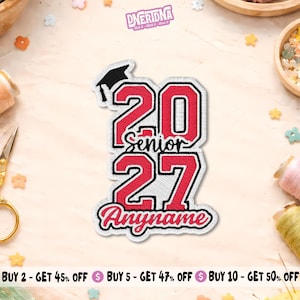 May include: An embroidered patch featuring the red and white numbers 2027 with a black graduation cap icon above the 20. The word Senior is stitched in black script between the numbers, and the word Anyname is stitched in red script below.