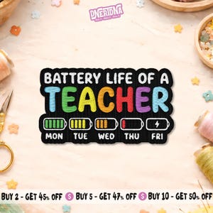 May include: A rectangular embroidered patch with a black background featuring the white text BATTERY LIFE OF A TEACHER. Below, five battery icons represent weekdays from Monday to Friday, showing a decreasing charge level from green to red.