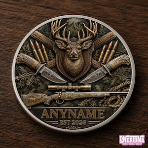 May include: A circular emblem with a hunting theme, featuring a deer head, crossed logs, knives, bullets, and a rifle. The text "ANYNAME EST 2026" is displayed. The emblem has a detailed, embossed design with a rustic aesthetic.