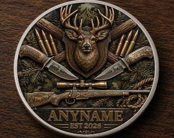 Pièce de défi de chasse personnalisée, objet de collection personnalisé pour chasseur de cerfs, cadeau de carabine pour amateur de plein air pour homme, cadeau souvenir d'appréciation de la puce de monnaie