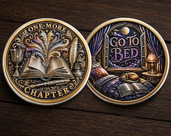 One More Chapter Challenge Coin, Go To Bed Funny Reader Collectible Metal Coin, Book Lover Gift for Bibliophiles, Appreciation Keepsake