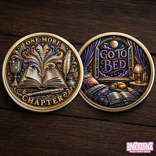 One More Chapter Challenge Coin, Go To Bed Funny Reader Collectible Metal Coin, Book Lover Gift for Bibliophiles, Appreciation Keepsake