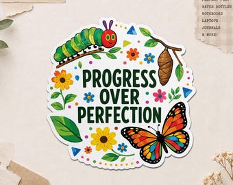 Progress Over Perfection Sticker, Funny Back To School Sarcastic Sayings Waterproof Stickers for Water Bottle Gift Her, Him